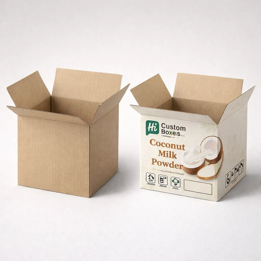 Eco-friendly corrugated carton boxes with custom printing for bulk coconut milk powder storage and transport. class=